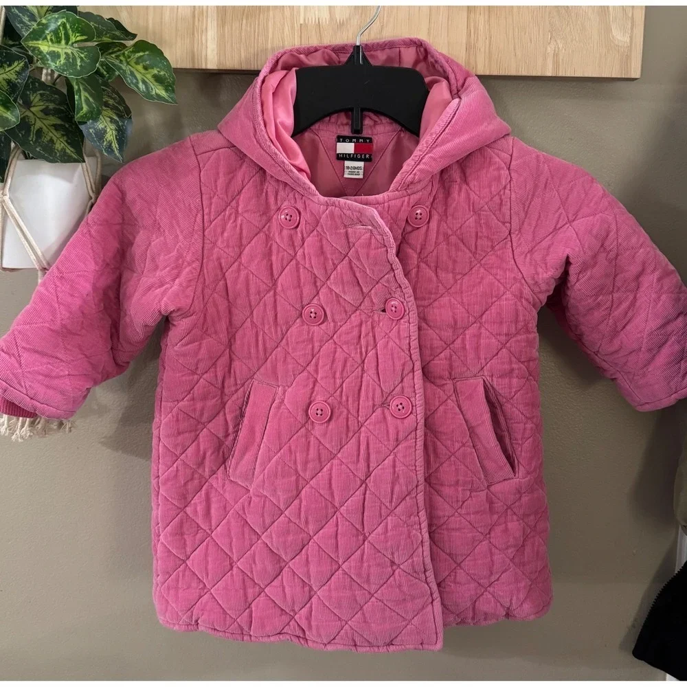 Tommy Hilfiger Pink Quilted Corduroy Hooded Jacket Baby Girls 18-24 Months